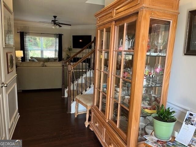 interior space featuring ornamental molding and dark wood-type flooring