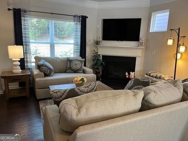 living room featuring hardwood / wood-style floors and ornamental molding