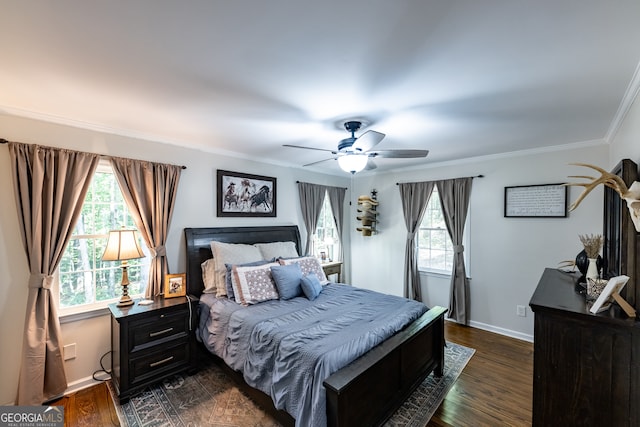 bedroom featuring ceiling fan, dark hardwood / wood-style flooring, and ornamental molding