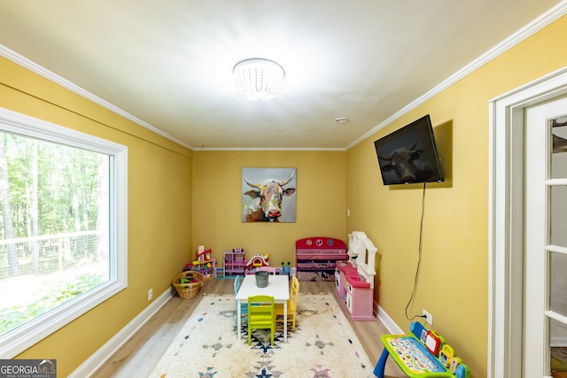 rec room featuring light hardwood / wood-style floors, plenty of natural light, and ornamental molding