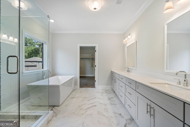 bathroom featuring independent shower and bath, vanity, and ornamental molding