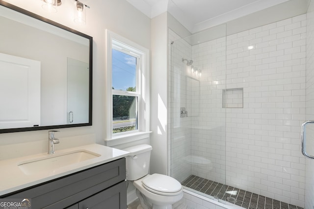 bathroom with an enclosed shower, vanity, and toilet