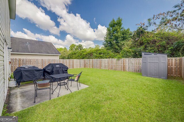 view of yard featuring a storage unit and a patio area