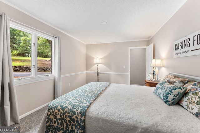 carpeted bedroom with a textured ceiling and crown molding