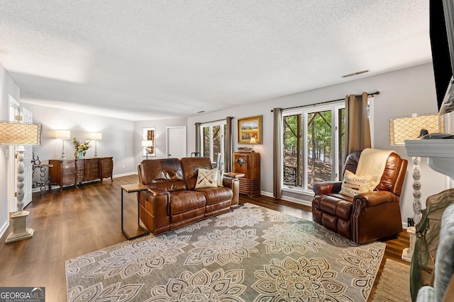 living room with hardwood / wood-style flooring and a textured ceiling