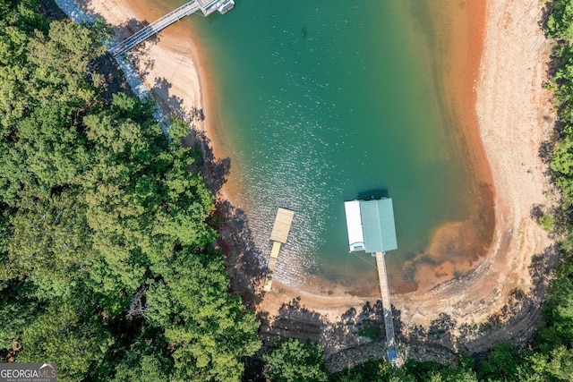 aerial view featuring a water view