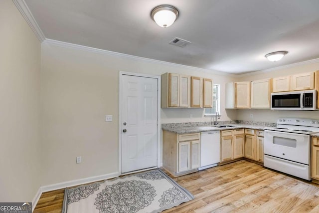 kitchen with light wood-type flooring, sink, white appliances, light brown cabinets, and ornamental molding