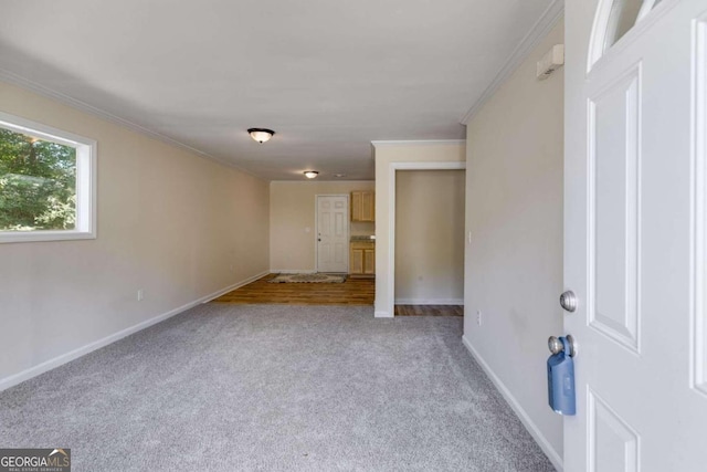 interior space with ornamental molding and light colored carpet