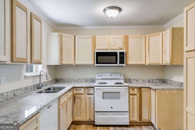 kitchen with light brown cabinets, sink, white appliances, crown molding, and light hardwood / wood-style floors