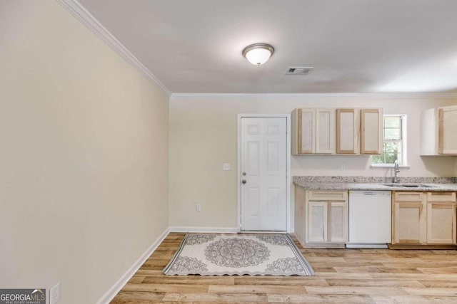 kitchen with dishwasher, sink, light hardwood / wood-style flooring, light brown cabinets, and crown molding