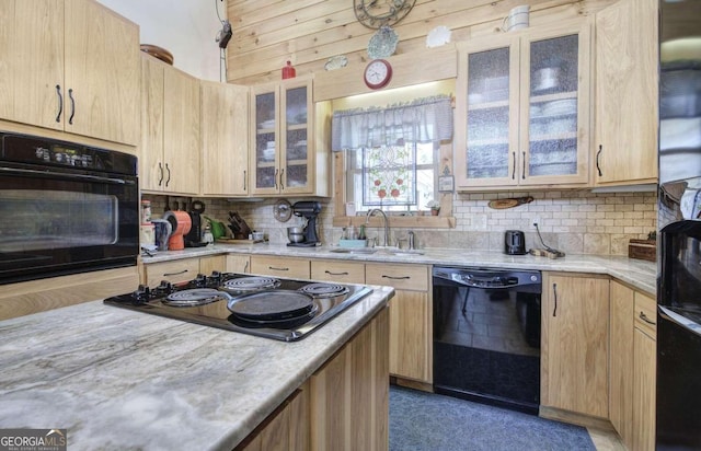 2051 Little Texas Valley Rd, Rome, GA 30165 - kitchen featuring tasteful backsplash, glass insert cabinets, a sink, light brown cabinetry, and black appliances