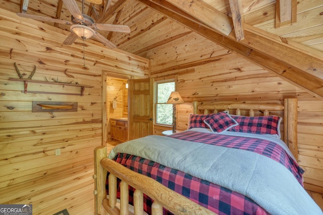 bedroom with wood-type flooring, beamed ceiling, wooden walls, ceiling fan, and wooden ceiling