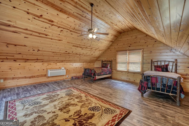 bedroom with wood ceiling, wooden walls, lofted ceiling, and hardwood / wood-style flooring