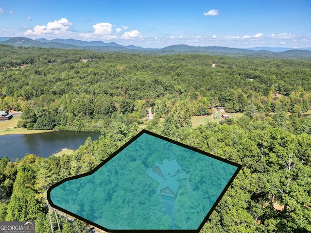 aerial view featuring a water and mountain view