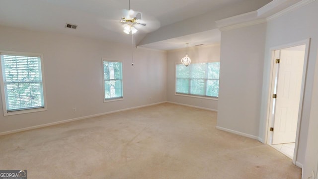 1461 Hada Ln, Lawrenceville, GA 30043 - spare room with light colored carpet, healthy amount of natural light, ceiling fan, and vaulted ceiling