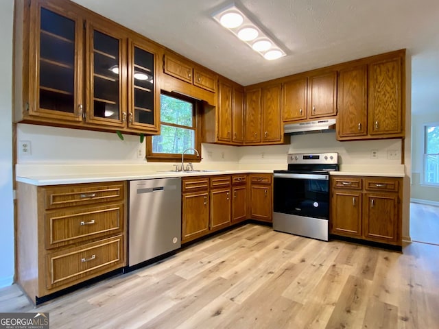 kitchen with light hardwood / wood-style floors, appliances with stainless steel finishes, and sink