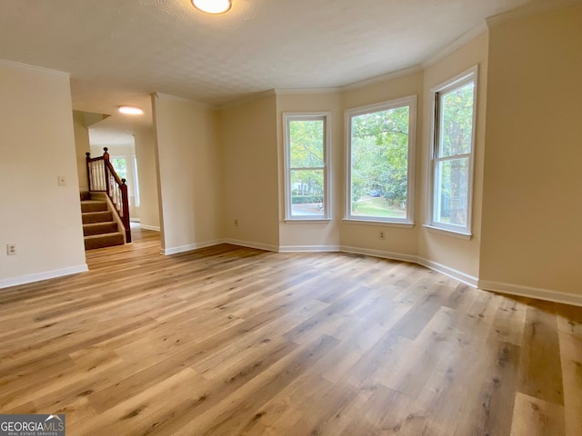 spare room featuring a textured ceiling, light wood-type flooring, and ornamental molding