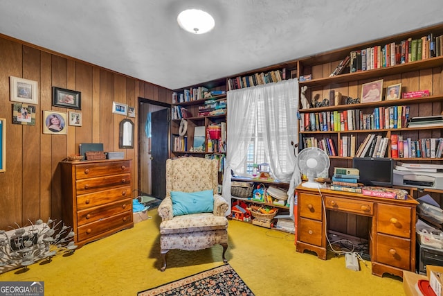 interior space with carpet floors and wooden walls