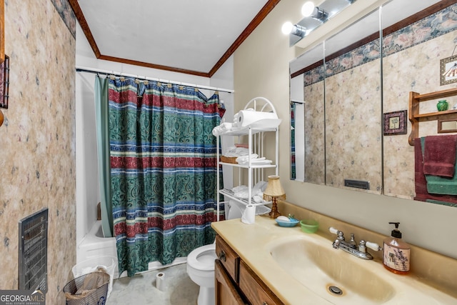 full bathroom with shower / bath combination with curtain, vanity, heating unit, crown molding, and toilet