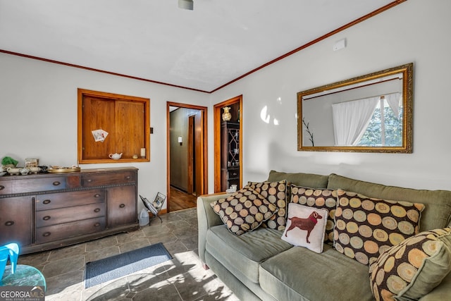 living room with ornamental molding