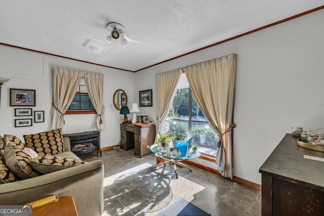 living room featuring a wood stove and crown molding