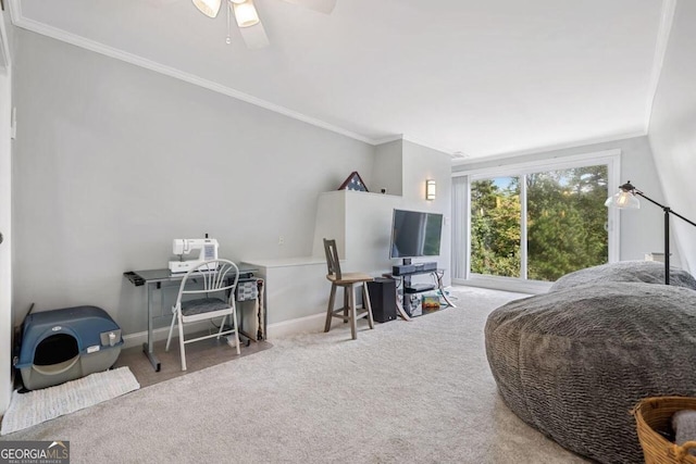 bedroom featuring ornamental molding, carpet floors, and ceiling fan