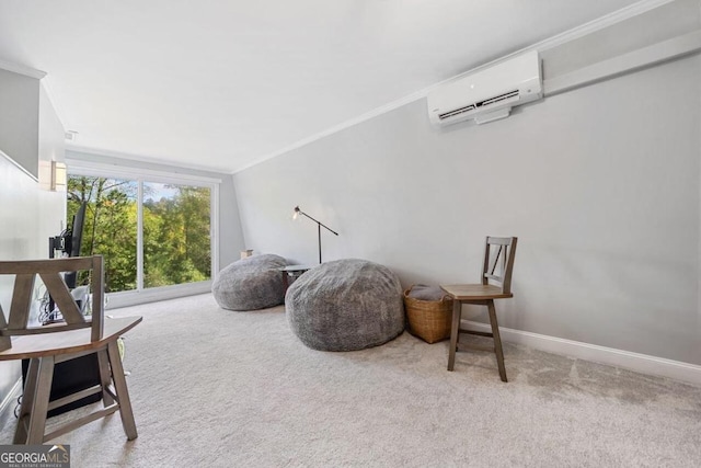 living area featuring crown molding, a wall mounted AC, and carpet flooring