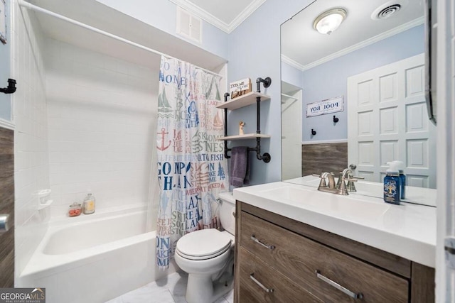 full bathroom featuring toilet, ornamental molding, shower / bath combo with shower curtain, and vanity