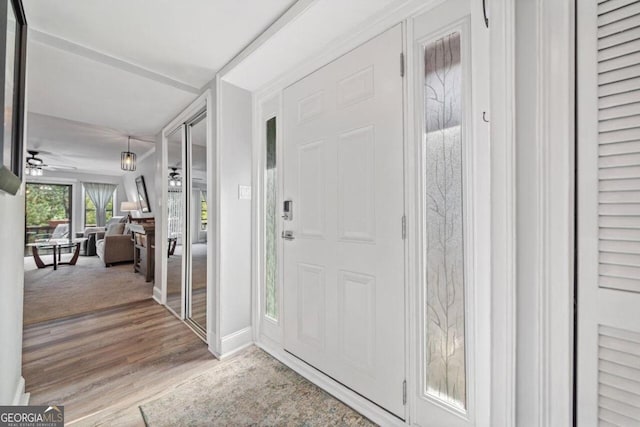 foyer with light hardwood / wood-style flooring and ceiling fan