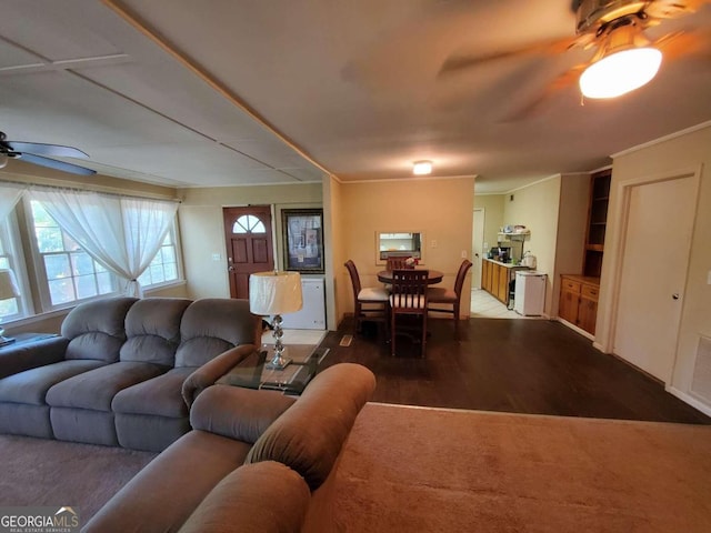 living room with ceiling fan, hardwood / wood-style floors, and crown molding