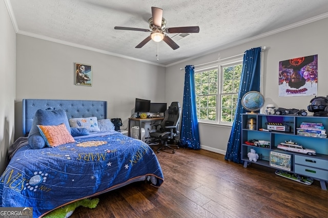 bedroom featuring ornamental molding, ceiling fan, dark hardwood / wood-style floors, and a textured ceiling