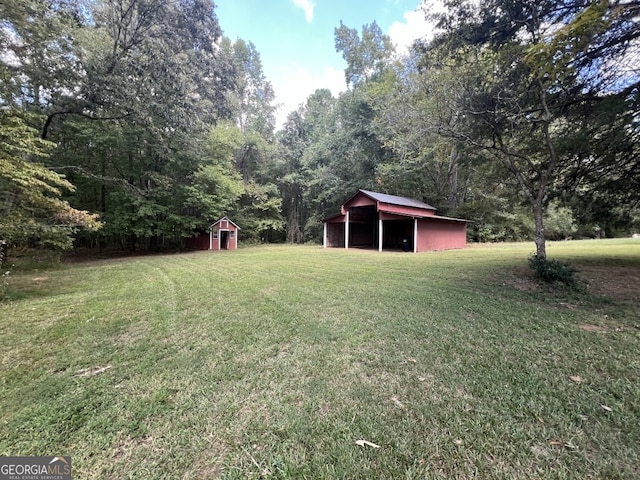 view of yard with a storage shed