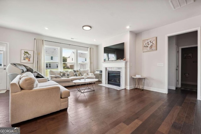 living room with dark wood-type flooring