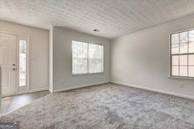 interior space featuring a wealth of natural light, carpet, and a textured ceiling