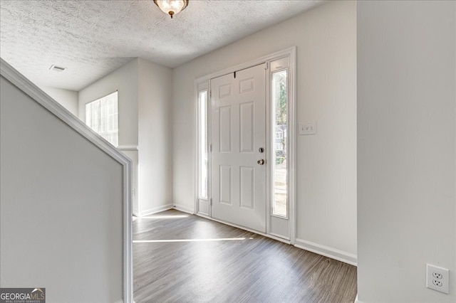 foyer with hardwood / wood-style flooring, plenty of natural light, and a textured ceiling