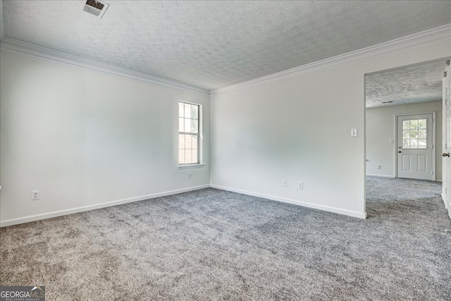 spare room featuring carpet floors, a textured ceiling, and ornamental molding