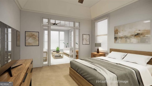 bedroom featuring ornamental molding, ceiling fan, and light colored carpet