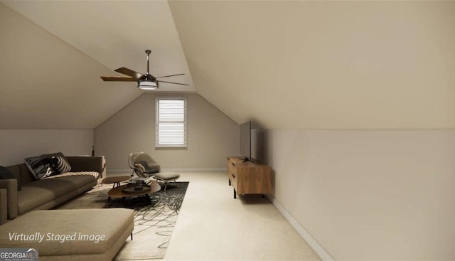 bonus room with ceiling fan, light carpet, and vaulted ceiling