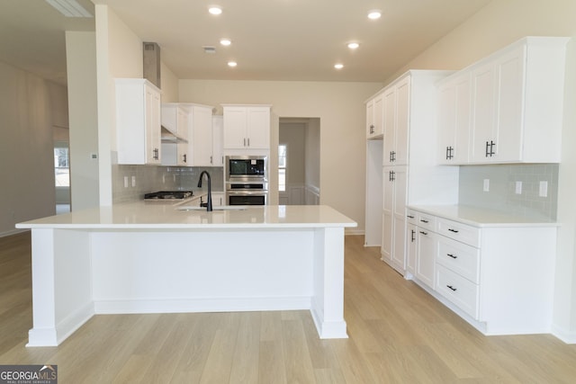 kitchen featuring stainless steel appliances, tasteful backsplash, kitchen peninsula, white cabinets, and light wood-type flooring