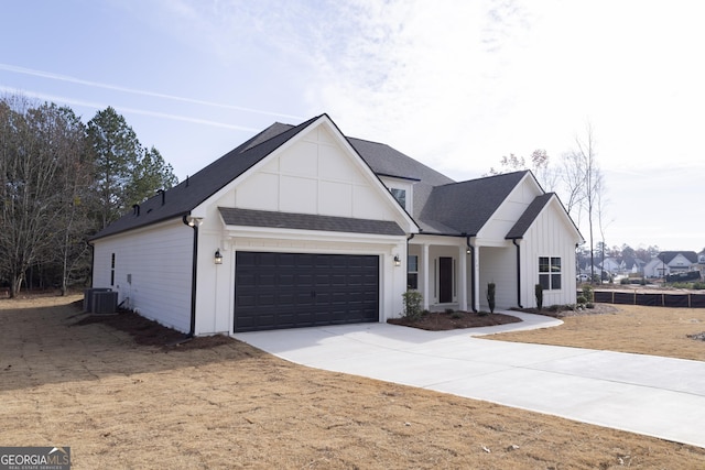 modern inspired farmhouse with central AC and a garage