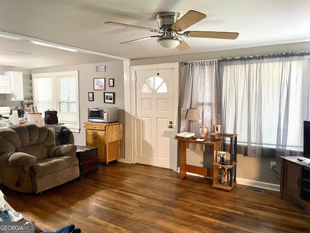 living room featuring ceiling fan, a wealth of natural light, and dark wood finished floors
