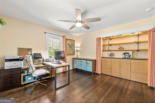 office with ceiling fan and dark hardwood / wood-style flooring