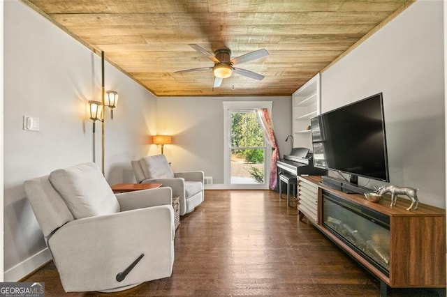 living room with wood ceiling, ceiling fan, and dark hardwood / wood-style flooring