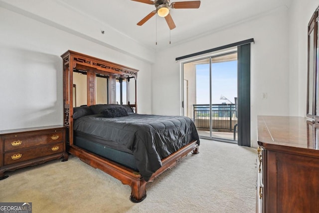 bedroom with access to outside, crown molding, a ceiling fan, and carpet flooring