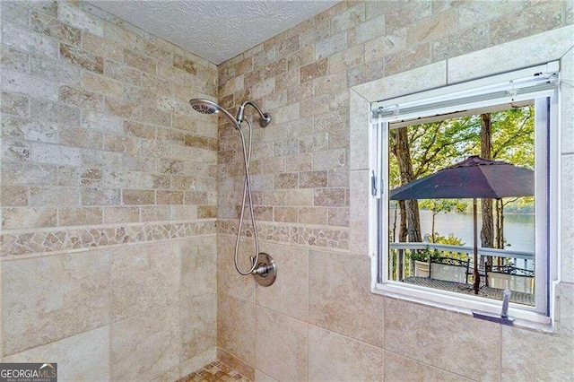 bathroom featuring a tile shower, a wealth of natural light, and a water view