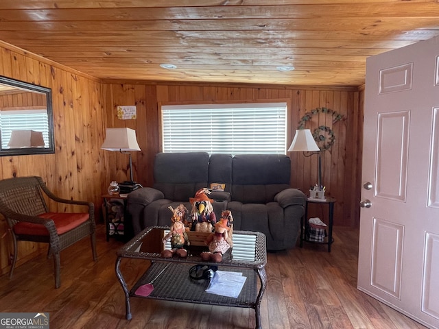 living room featuring hardwood / wood-style floors, wooden ceiling, and wooden walls