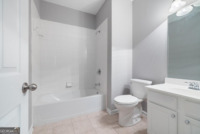 full bathroom with vanity, toilet, tiled shower / bath combo, and tile patterned flooring