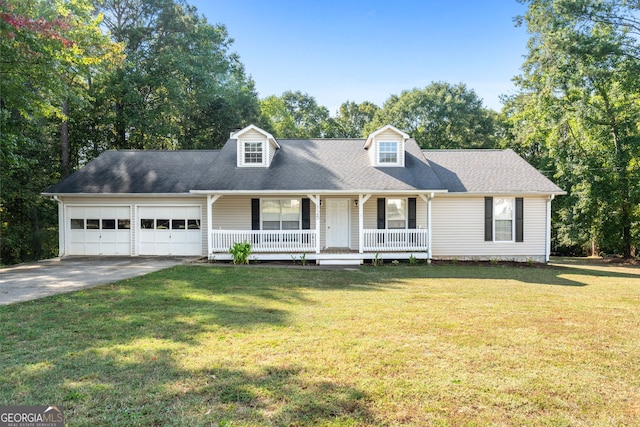 cape cod house with a garage, a front lawn, and a porch