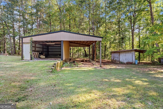 view of outdoor structure with a lawn