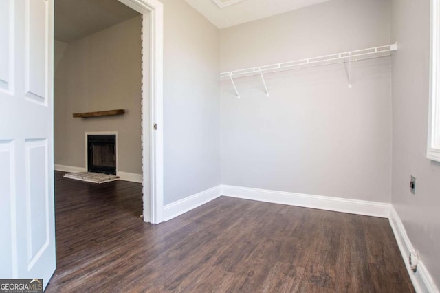 walk in closet with dark wood-type flooring